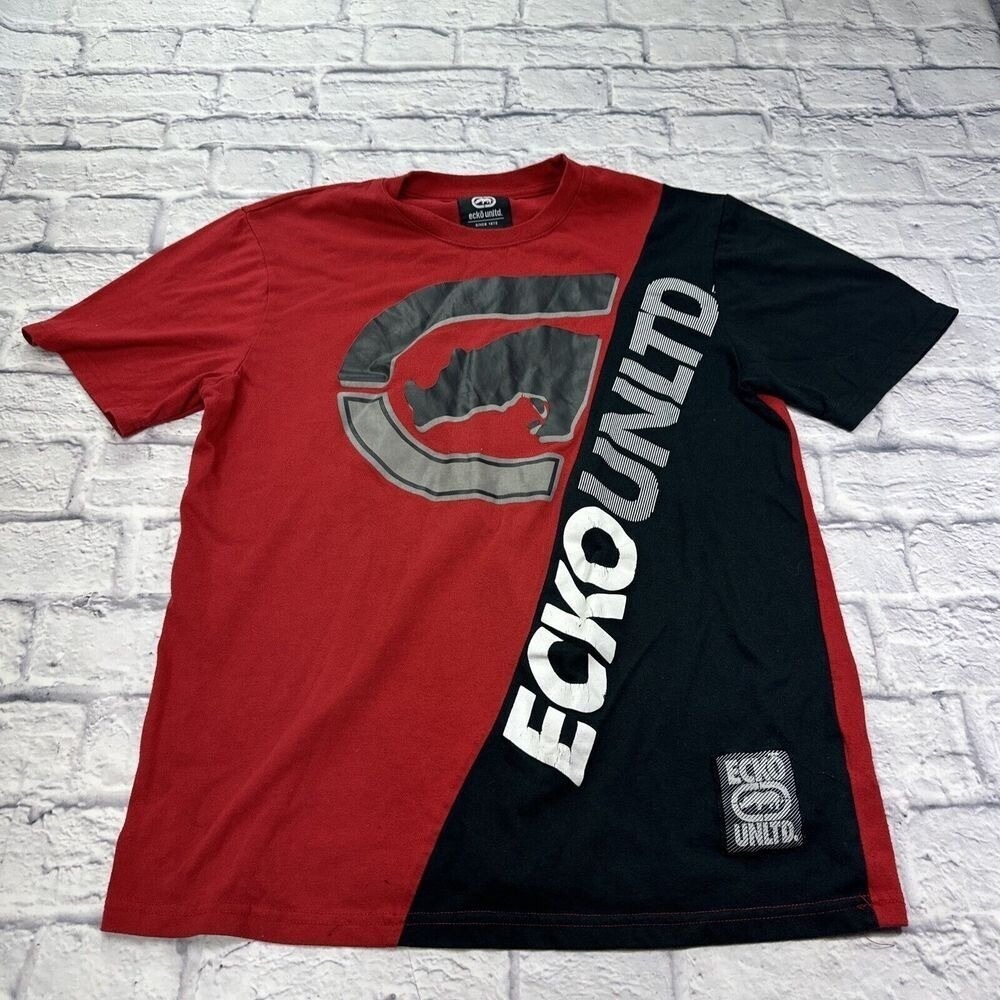 Ecko Unltd Mens Red Black Colorblock Graphic T-Shirt Rhino Logo Size M